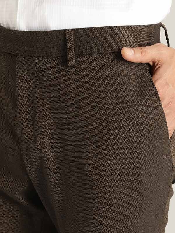 Indian Terrain Men's Comfort Fit Self Design Brown Trousers